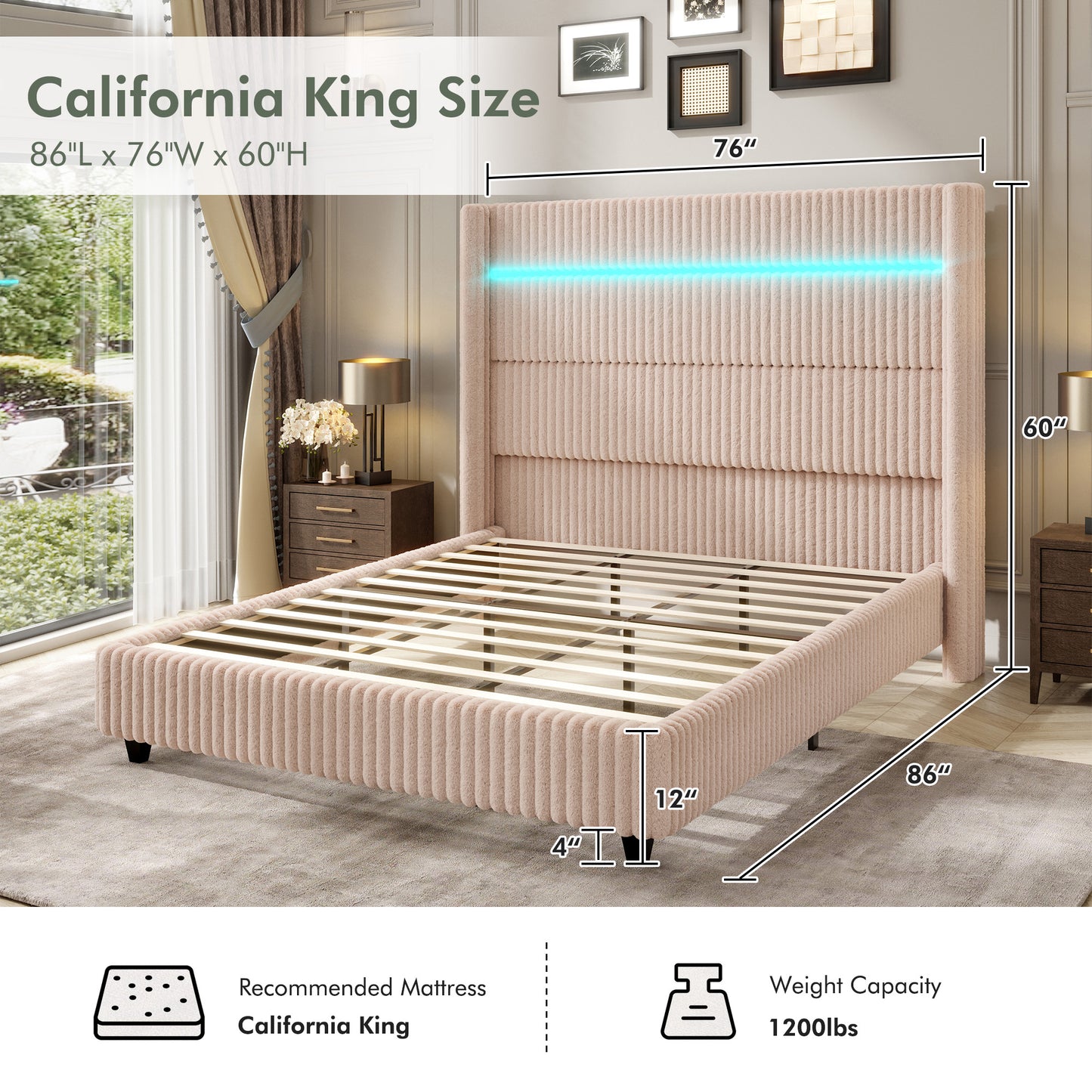 Warren Faux-Fur Bed Frame Amerlife Beige / California king