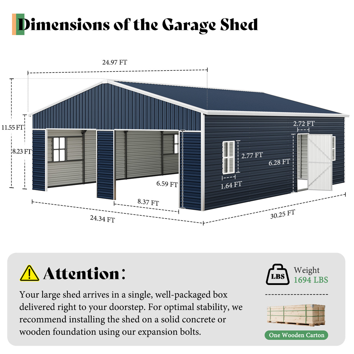 Extra Large Outdoor Metal Garage Shed Amerlife 25x30x11.5 FT