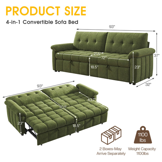Recline 93" Convertible Sleeper Sofa -Green