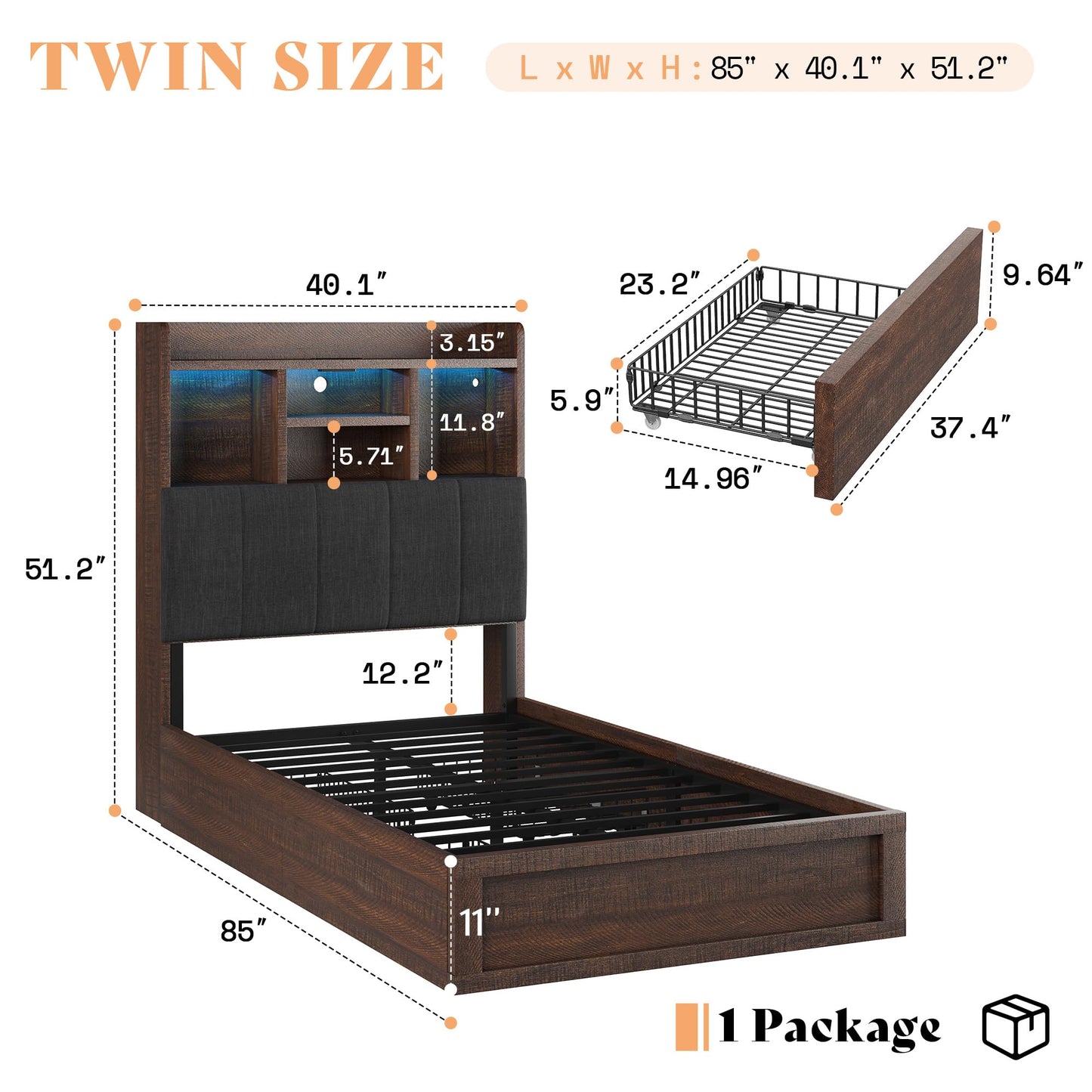 Radcliffe LED Storage Bed Frame - Twin / Rustic Brown