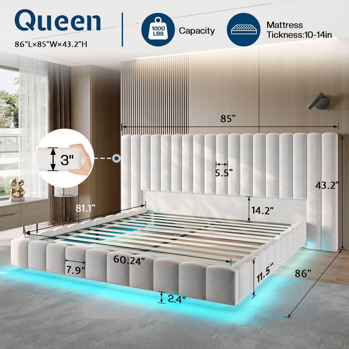 Drowse Floating LED Platform Bed Amerlife Cream / Queen