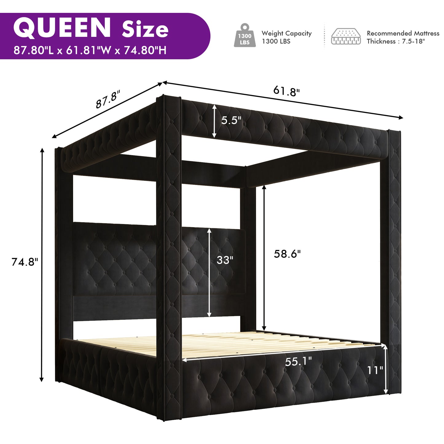 Swoon Velvet Canopy Bed Frame Amerlife Black / Queen