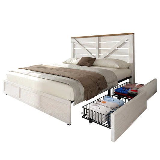 Bandera Bed Frame with 4 Drawers - Distressed White