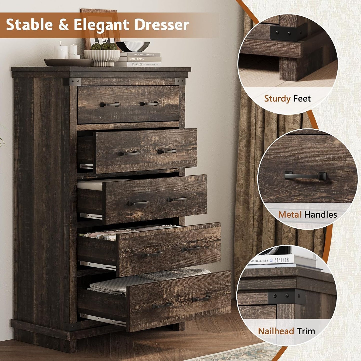 Quin 5-Drawers Dresser Black Oak