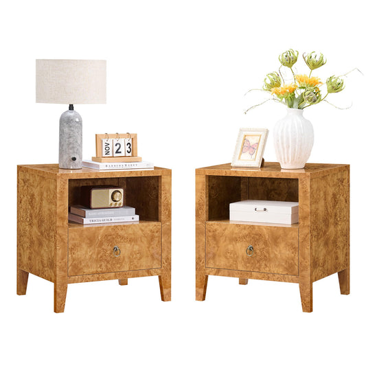 Burl Set of 2 Mid Century Modern Wood Nightstand with Drawer-Yellow