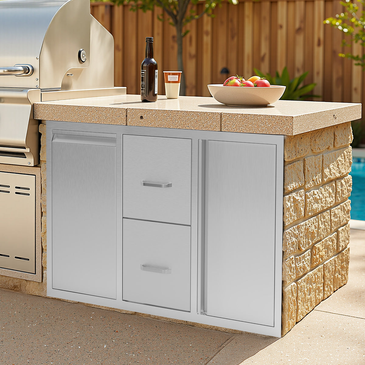 Outdoor Kitchen Access Drawers Amerlife 41.5 In-Double Drawer & Trash Bin&3-Tier Cabinet