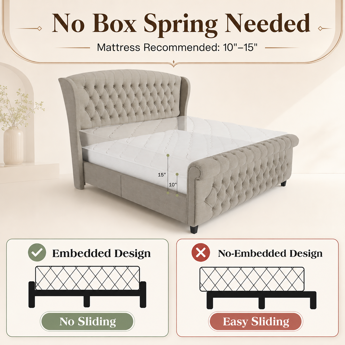 Bruco Queen Upholstered Bed Frame-Khaki