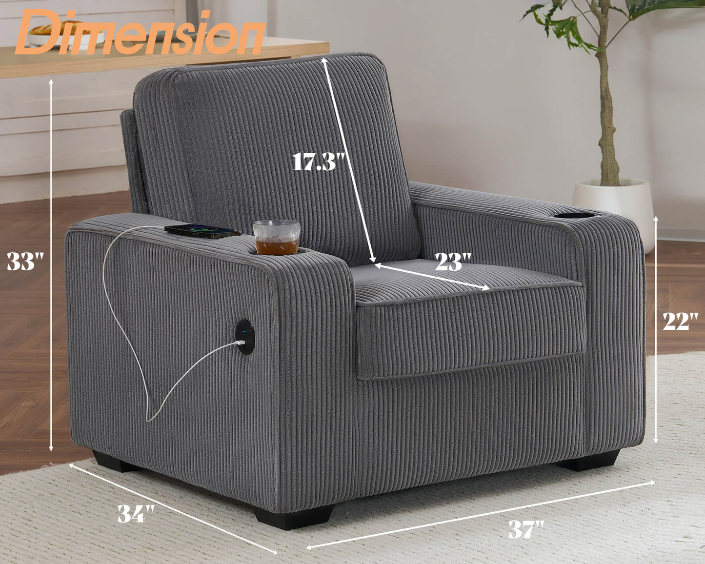 Chords Deep Seat Sofa Chair - Corduroy Ash Grey