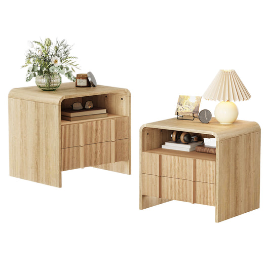 Fynora Fluted Nightstand with Drawers - Oak2