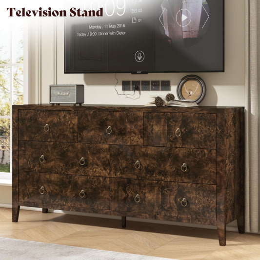 Burl Mid Century 7-Drawer Wood Dresser-Brown
