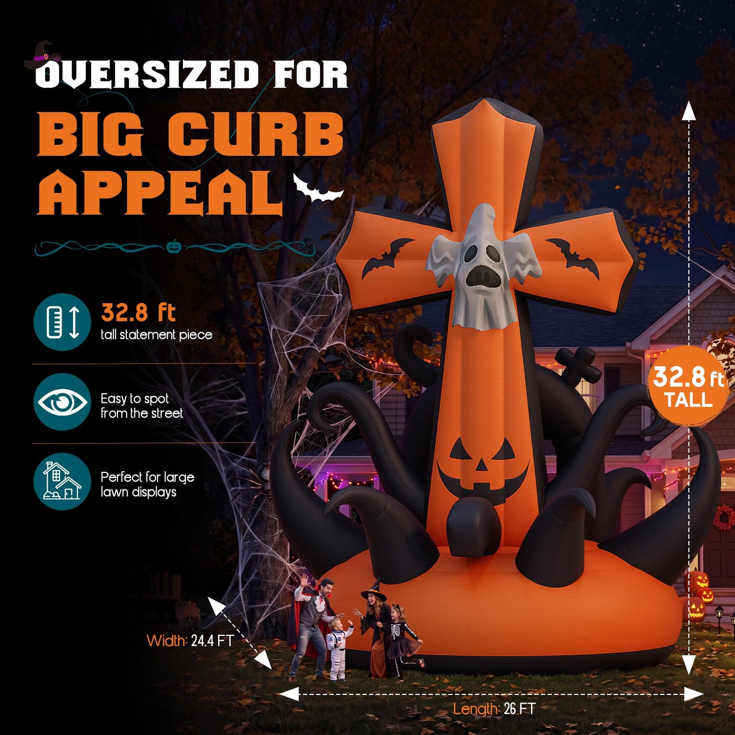 Giant Halloween Inflatable Ghost & Pumpkin-Pumpkin Cross-32.8 FT