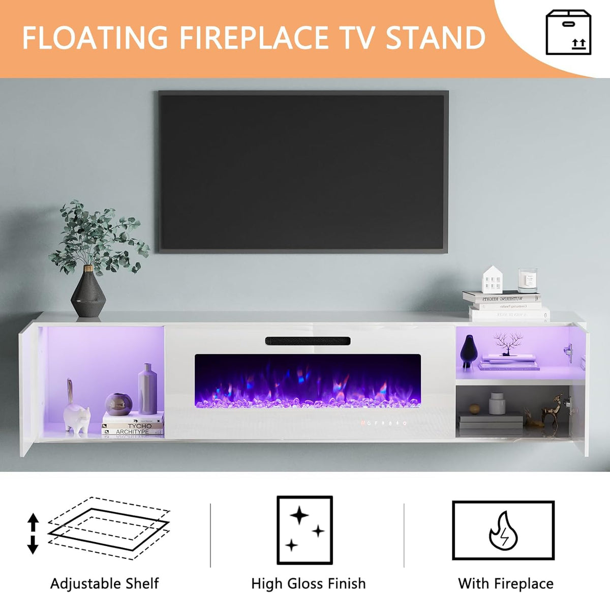 Photon Floating Fireplace TV Stand Wall Unit Amerlife 80" / All White