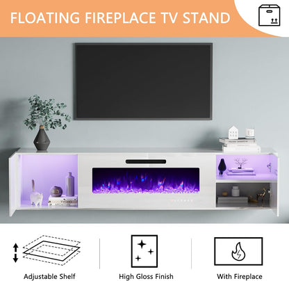 Photon Floating Fireplace TV Stand Wall Unit Amerlife 80" / All White