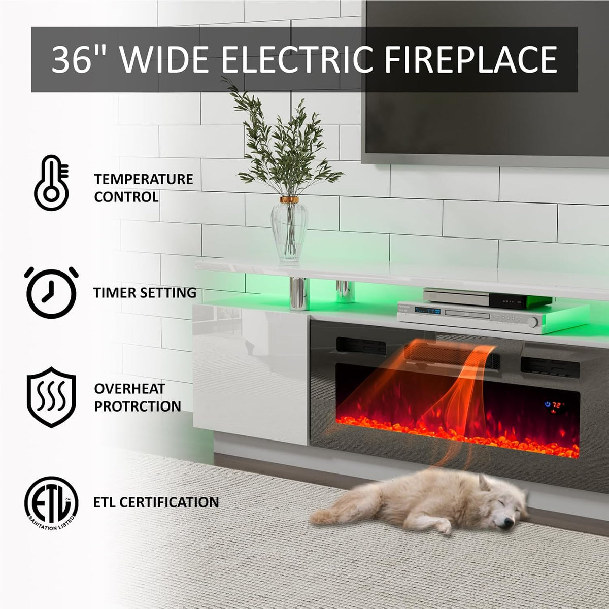 Sheer Floating Fireplace TV Stand Wall Unit Amerlife 70" / White