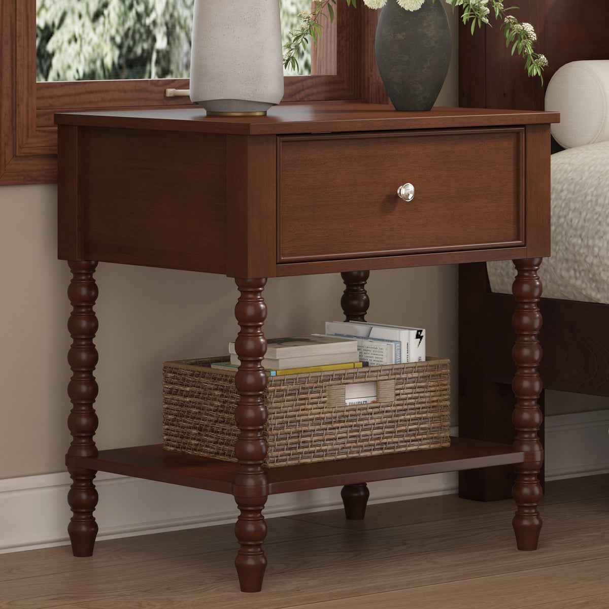 Spindle Solid Wood Nightstand  Dark Walnut / 1PC