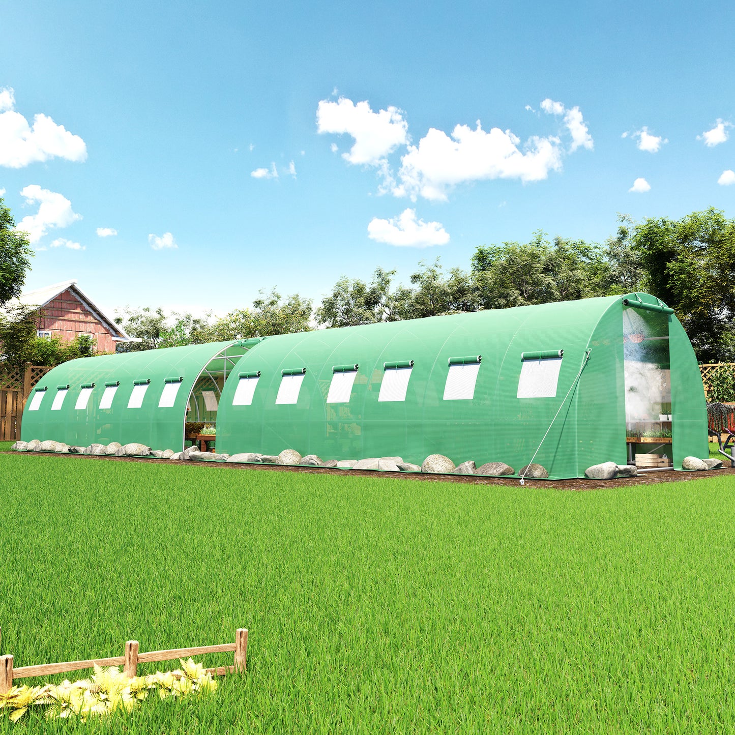 Canopy Large Walk-In Outdoor Greenhouse with Misting System-44x10 FT-Green