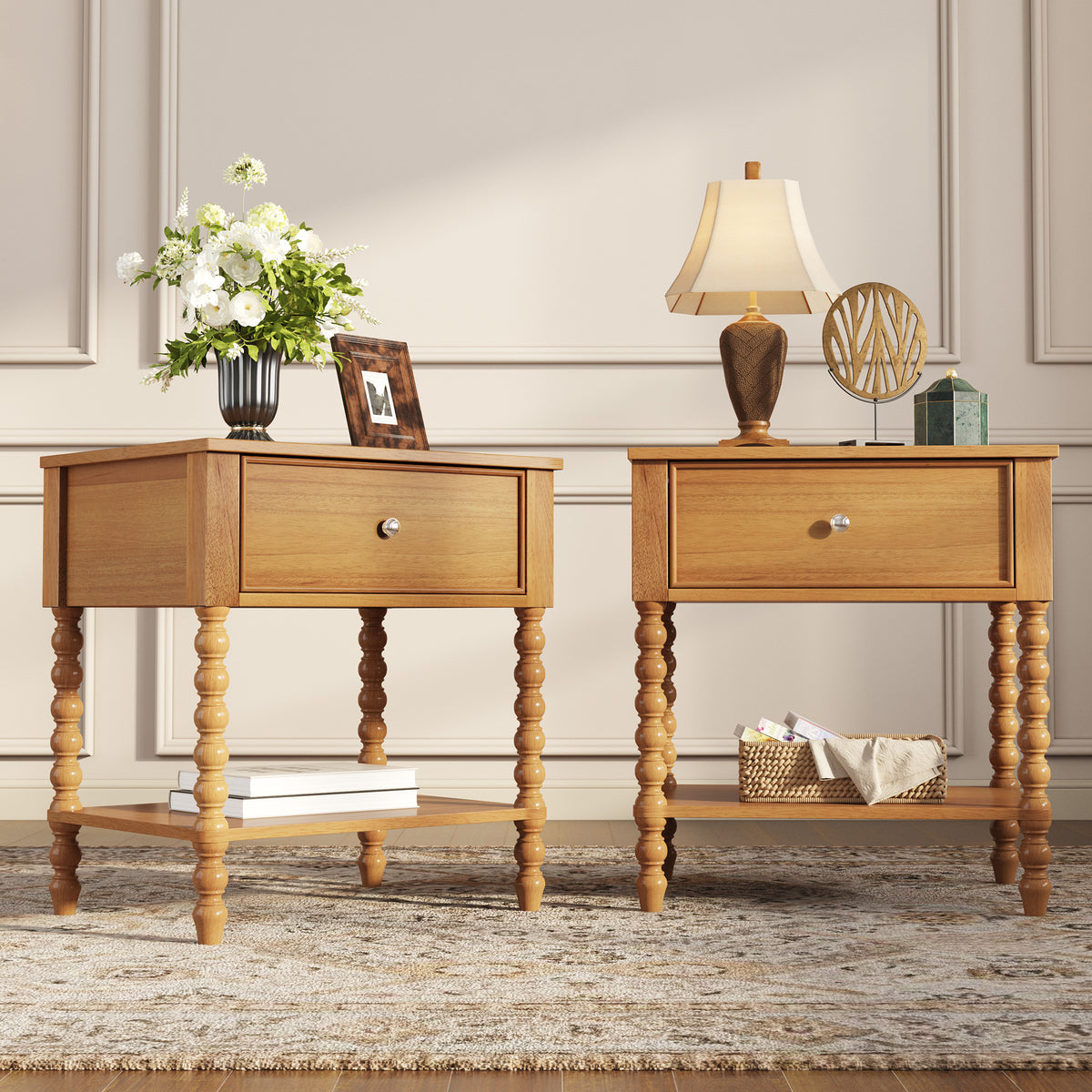 Spindle Solid Wood Nightstand  Natural Wood / 2PC