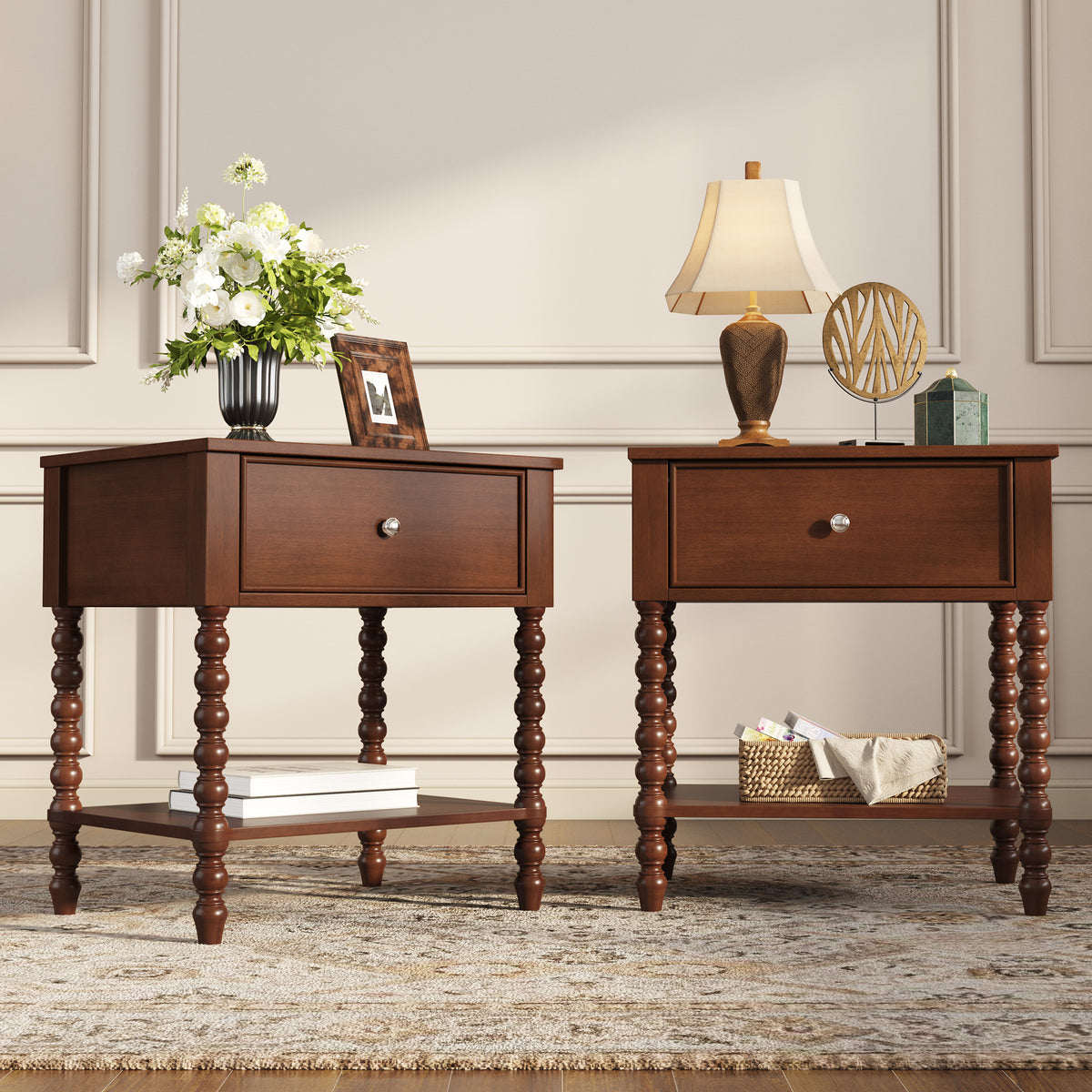 Spindle Solid Wood Nightstand  Dark Walnut / 2PC