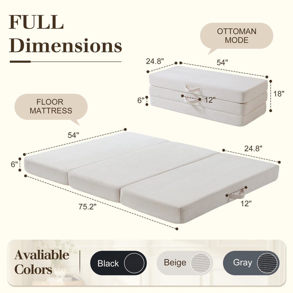 Fold 6-Inch Tri-Fold Folding Mattress-Full-Beige