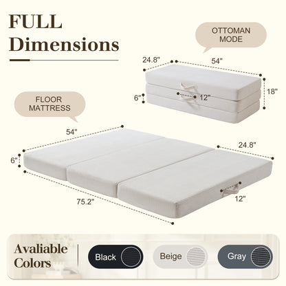 Fold 6-Inch Tri-Fold Folding Mattress-Full-Beige