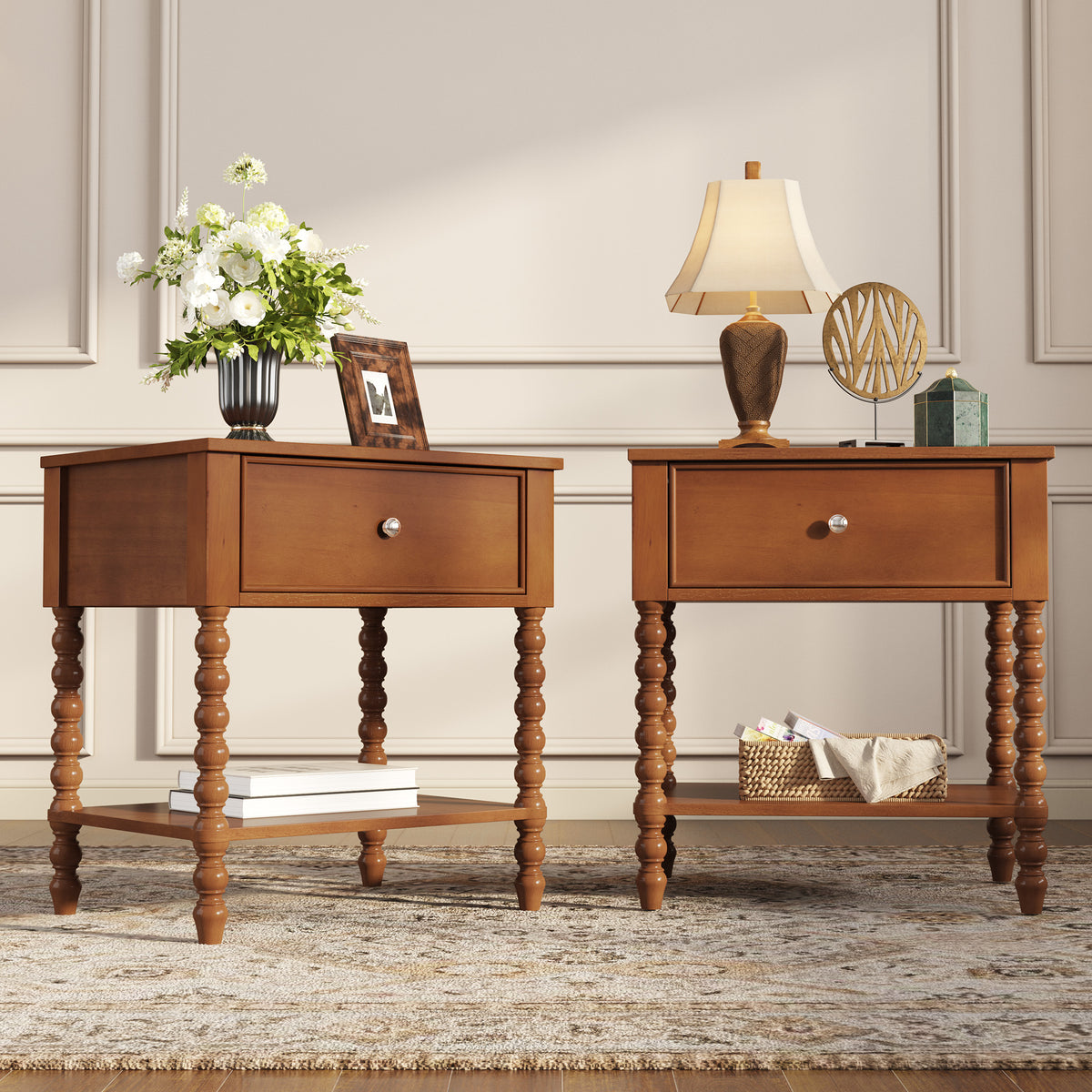 Spindle Solid Wood Nightstand  Brown / 2PC