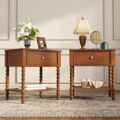 Spindle Solid Wood Nightstand  Brown / 2PC
