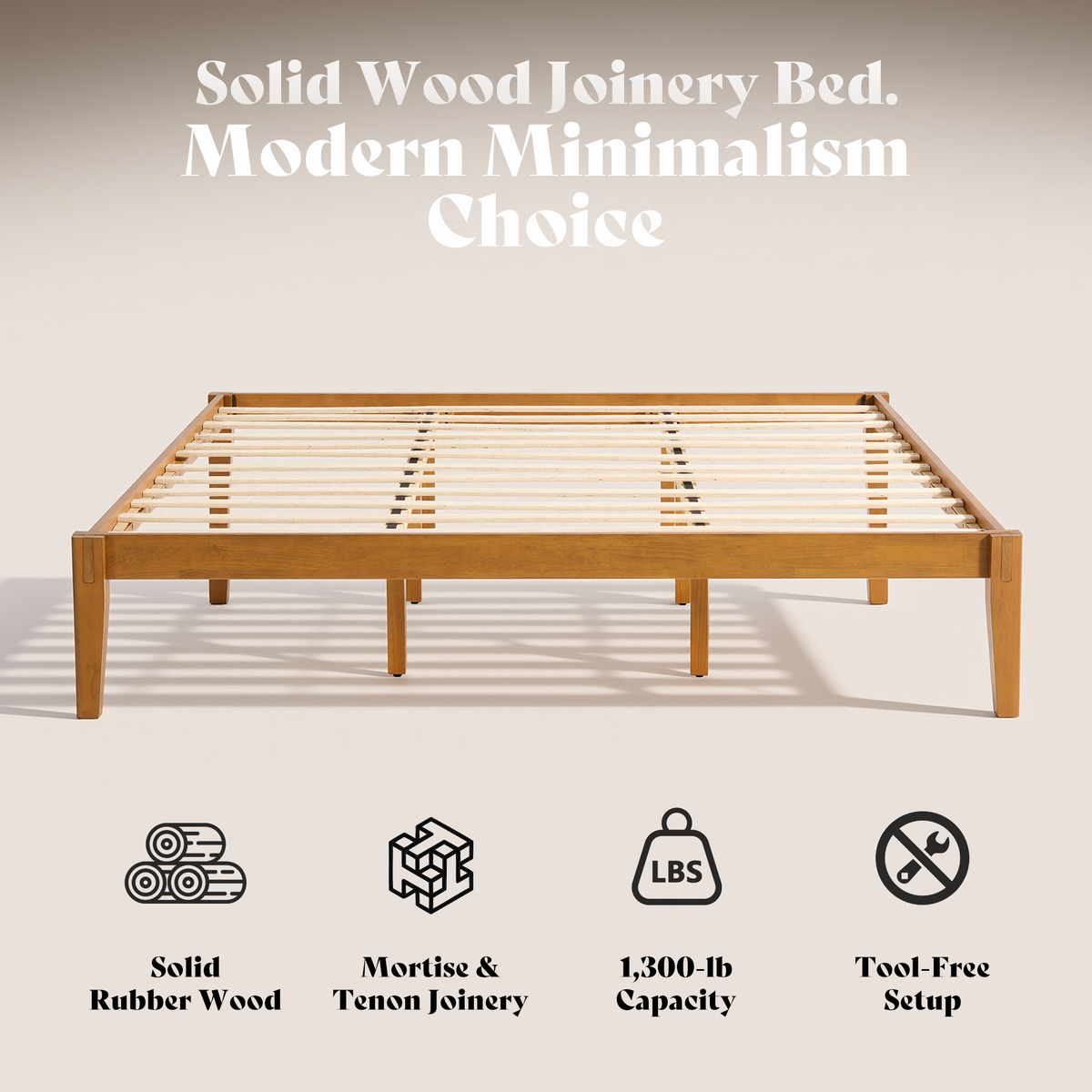 Quill Japanese Joinery Solid Wood Platform Bed Frame-Queen-Honey Brown