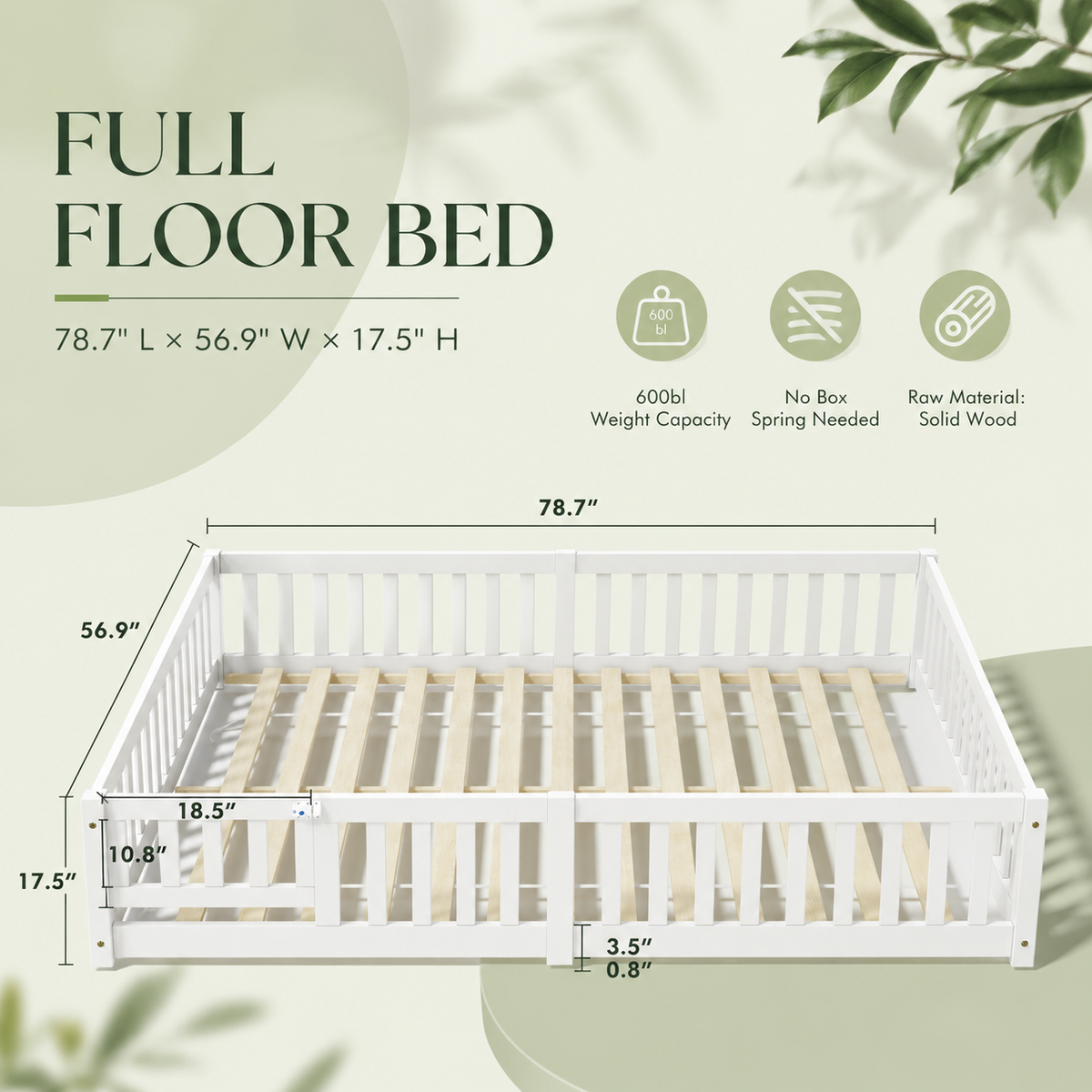 Solid Wood Kids Floor Bed with Safety Rails