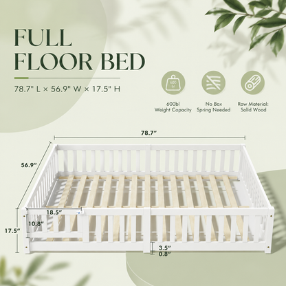 Solid Wood Kids Floor Bed with Safety Rails