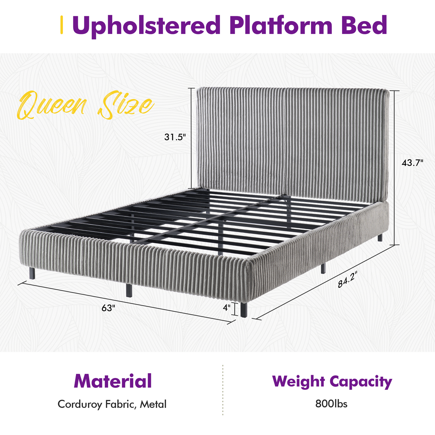 Velmure Corduroy Platform Bed Frame  Queen / Grey