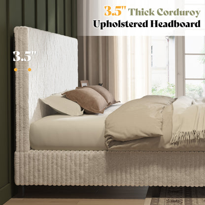 Velmure Corduroy Platform Bed Frame-Queen-Cream