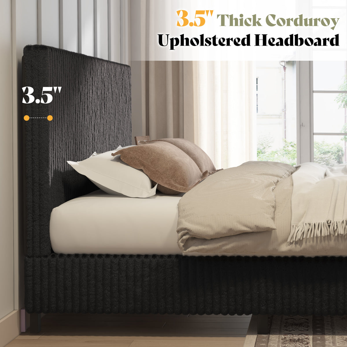 Velmure Corduroy Platform Bed Frame-Full-Black