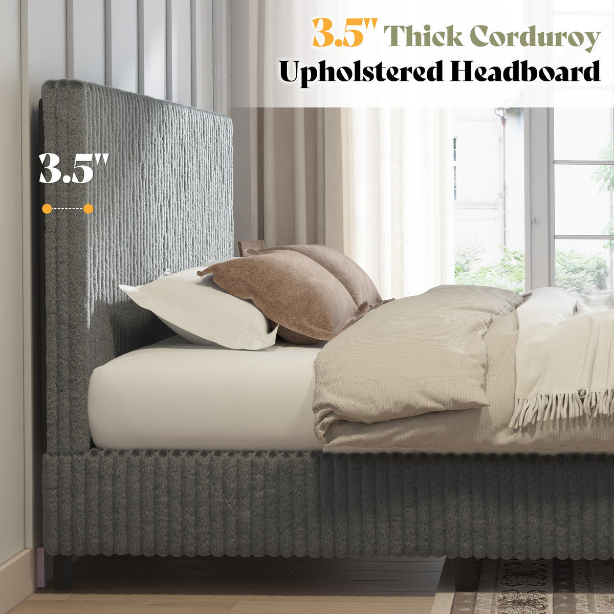 Velmure Corduroy Platform Bed Frame-Twin-Grey