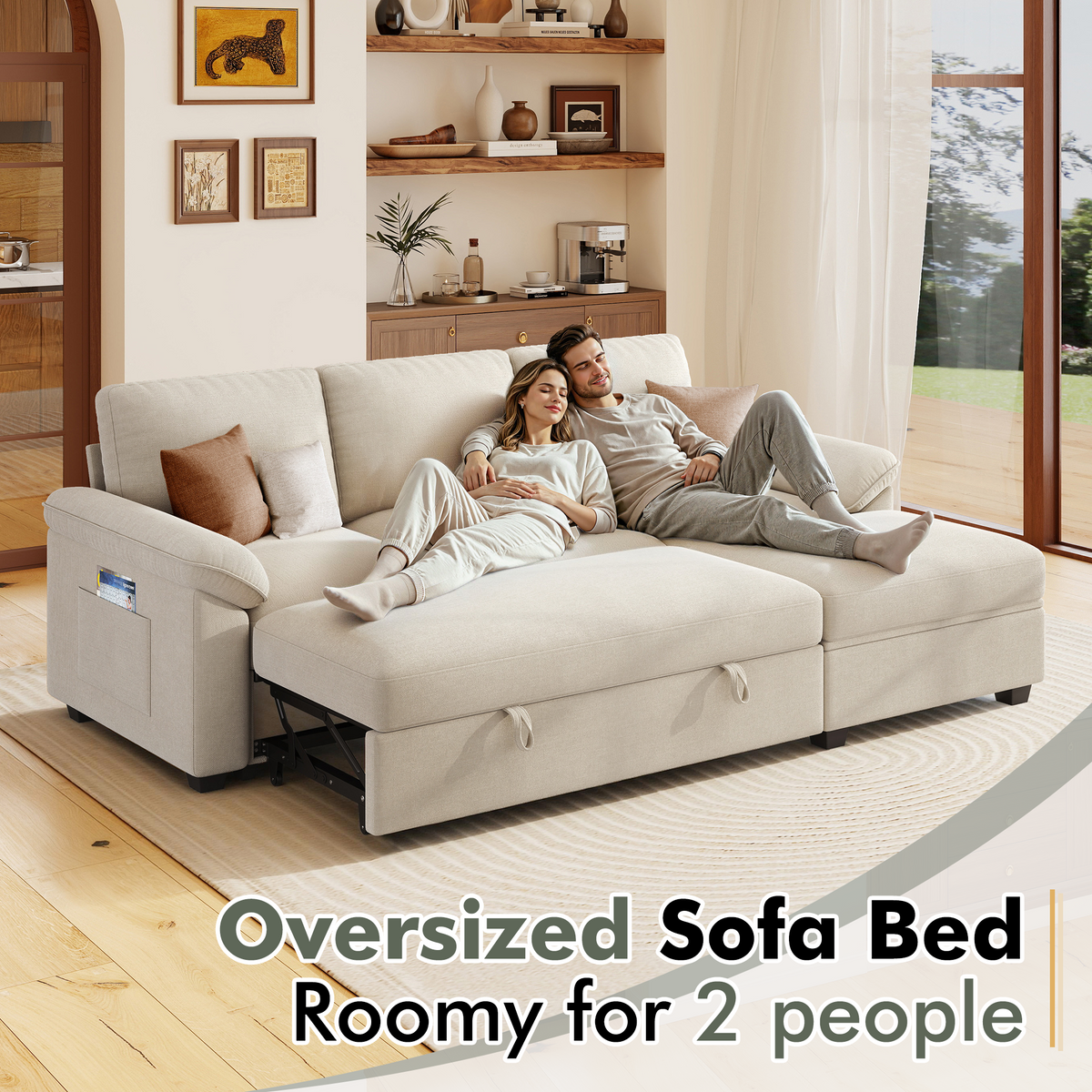 Sleeper Sectional Sofa with Pull Out Bed & Storage-81" | 3-Seater | Fixed backrest-Beige