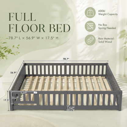 Solid Wood Kids Floor Bed with Safety Rails