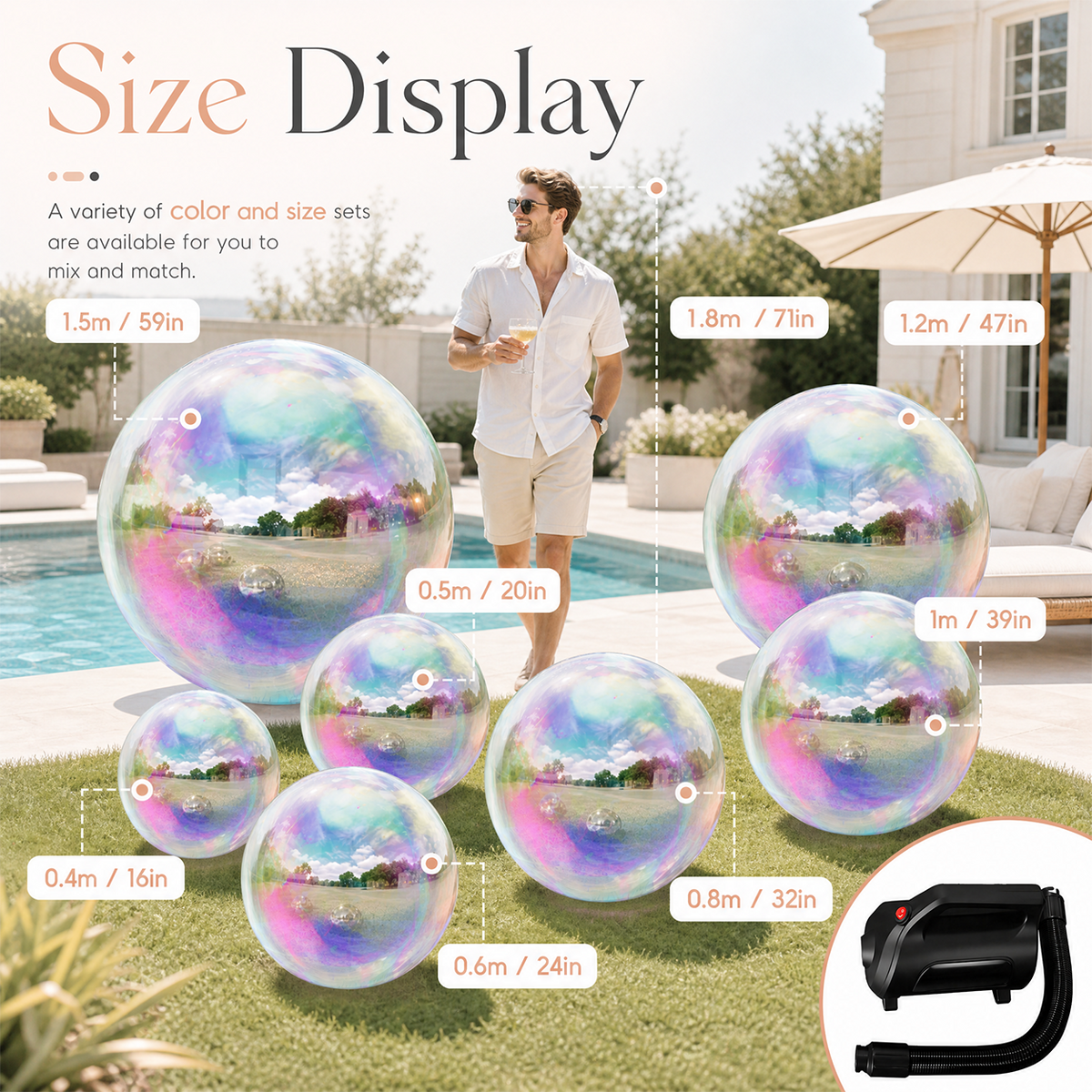 Vibe Reusable Inflatable Mirror Balls for Disco Parties & Events-4PCS-19.7"+31.5"+47.2"+59.1"-Iridescent