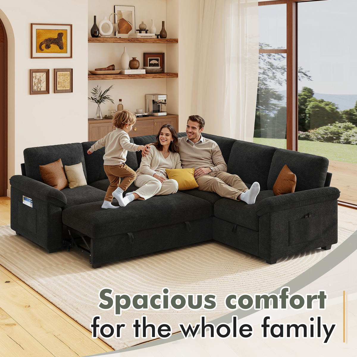 Sleeper Sectional Sofa with Pull Out Bed & Storage-81" | 5-Seater | Fixed backrest-Black