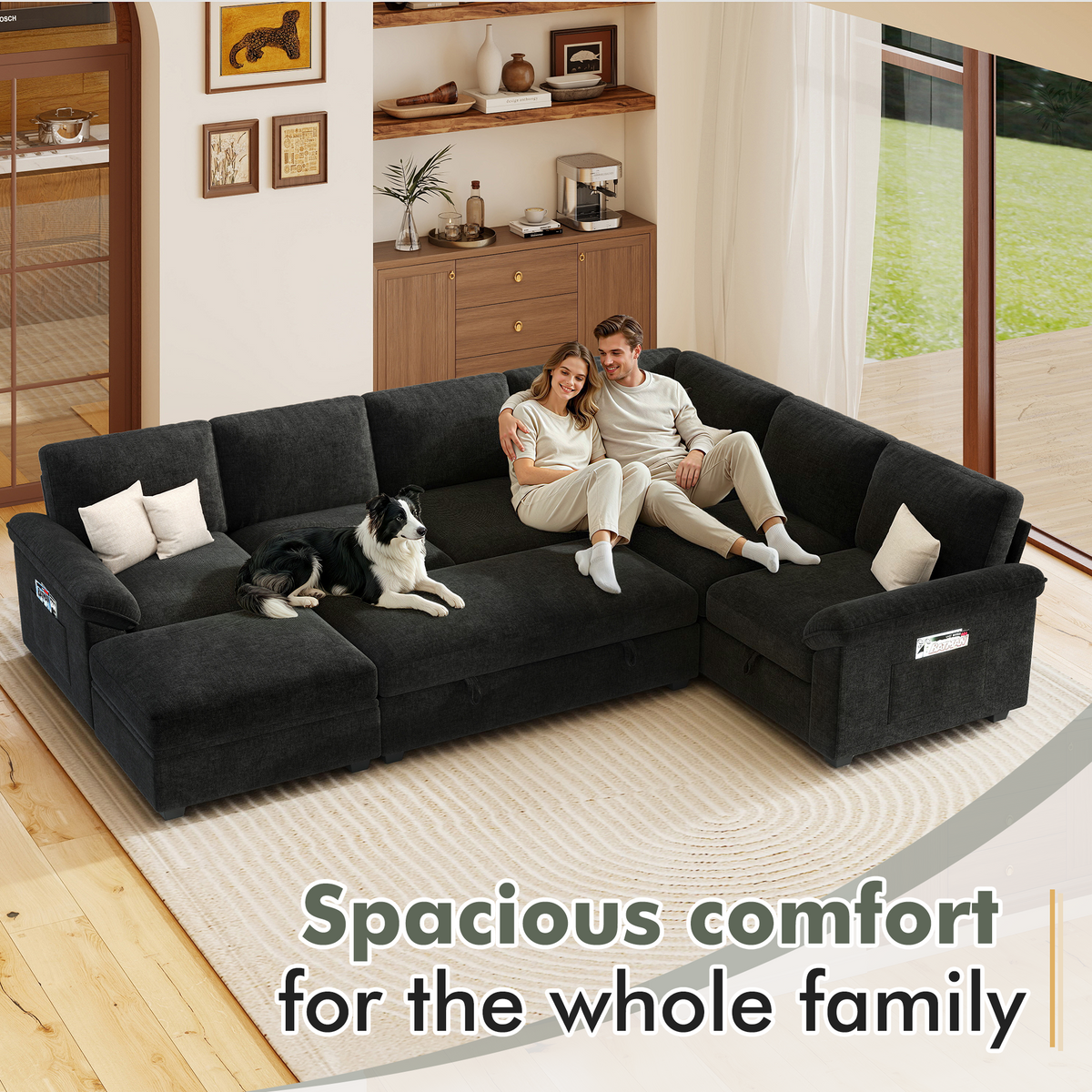 Sleeper Sectional Sofa with Pull Out Bed & Storage-105" | 7-Seater-Black