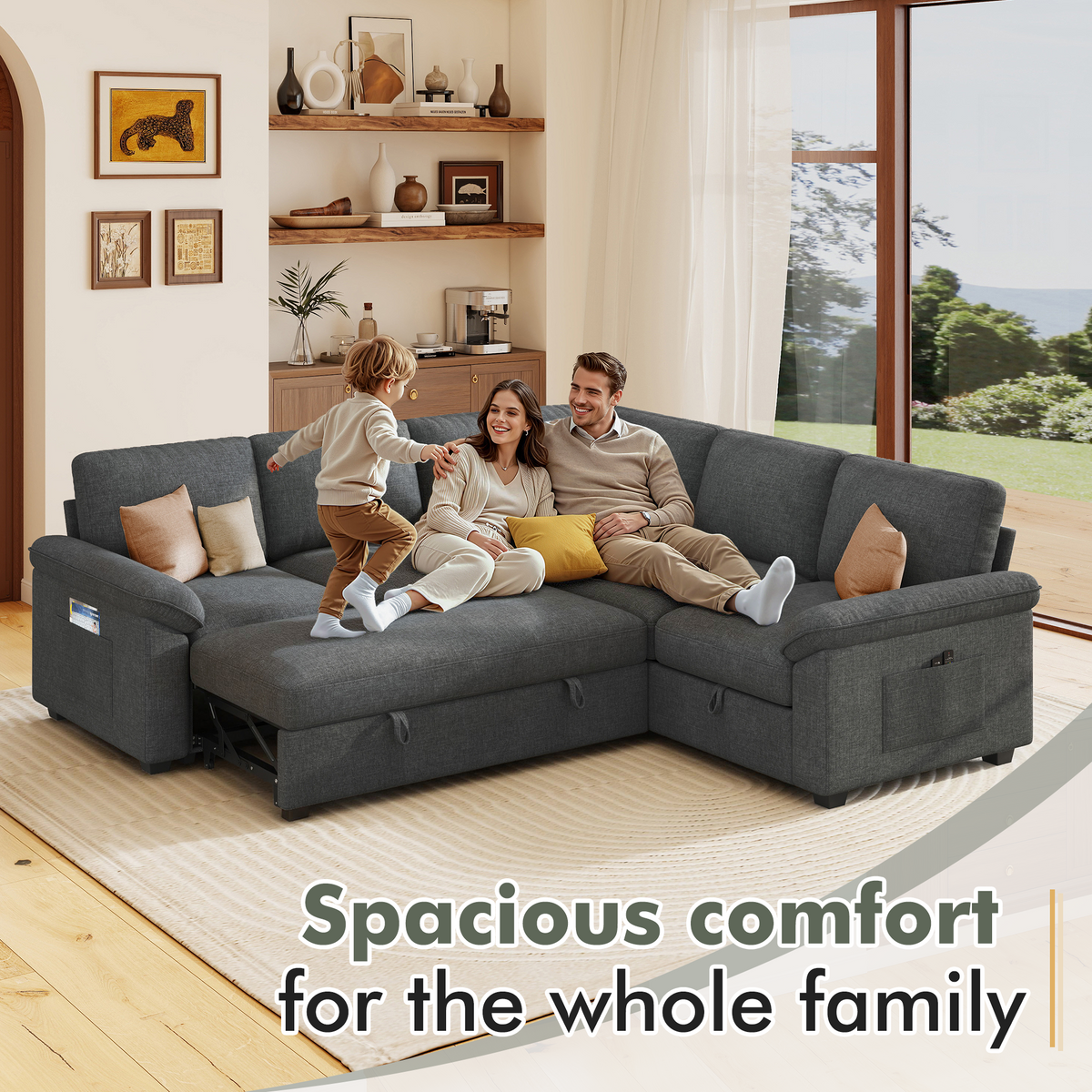 Sleeper Sectional Sofa with Pull Out Bed & Storage-81" | 5-Seater | Fixed backrest-Gray