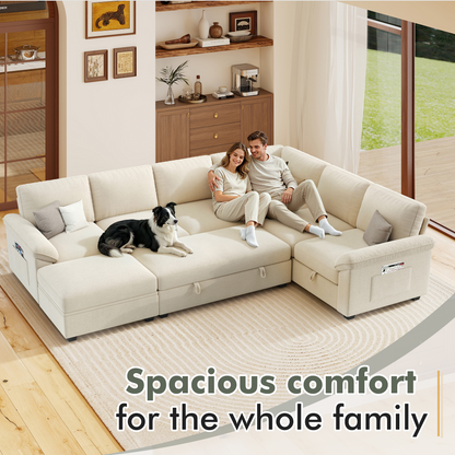 Sleeper Sectional Sofa with Pull Out Bed & Storage-105" | 7-Seater | Fixed backrest-Beige