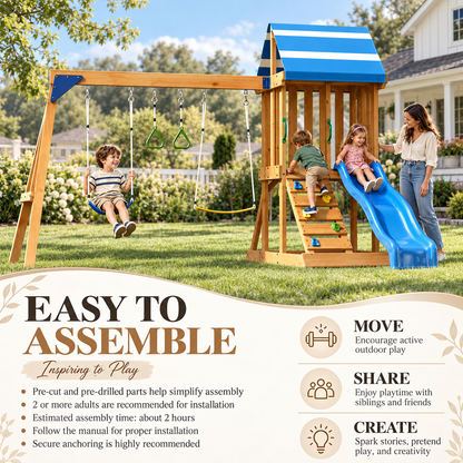 Evertrail Wooden Swing Set with Slide and Climbing Wall-Natural Oak