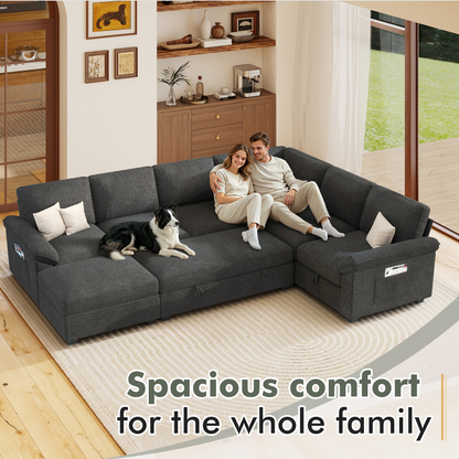 Sleeper Sectional Sofa with Pull Out Bed & Storage-105" | 7-Seater | Fixed backrest-Gray