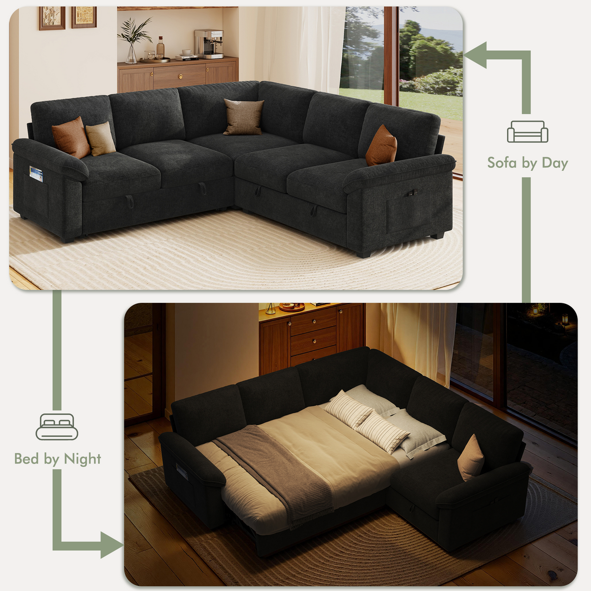 Sleeper Sectional Sofa with Pull Out Bed & Storage-81" | 5-Seater | Fixed backrest-Black