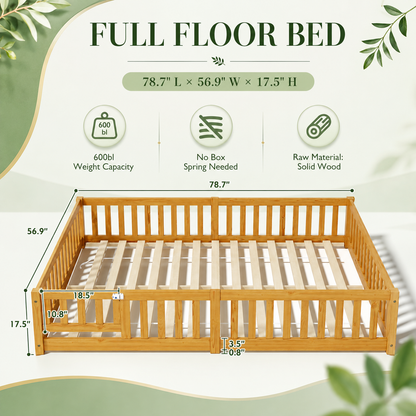 Solid Wood Kids Floor Bed with Safety Rails
