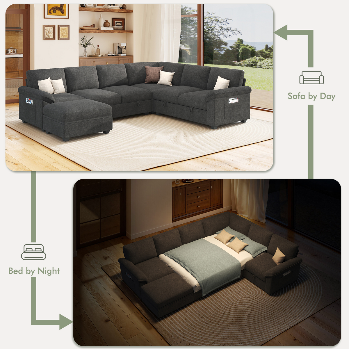 Sleeper Sectional Sofa with Pull Out Bed & Storage-105" | 7-Seater | Fixed backrest-Gray