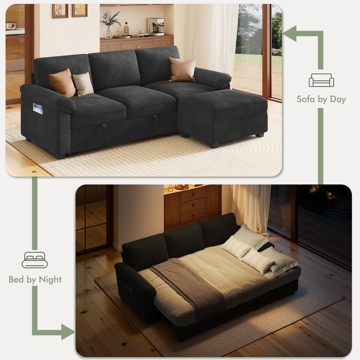Sleeper Sectional Sofa with Pull Out Bed & Storage-81" | 3-Seater | Fixed backrest-Black