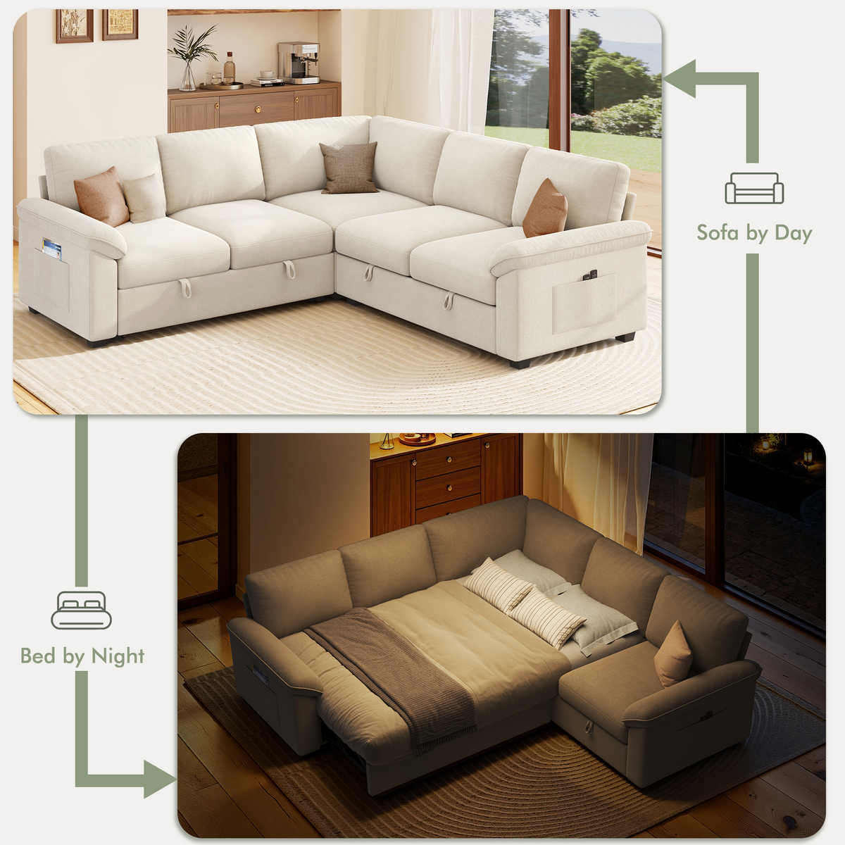 Sleeper Sectional Sofa with Pull Out Bed & Storage-81" | 5-Seater | Fixed backrest-Beige
