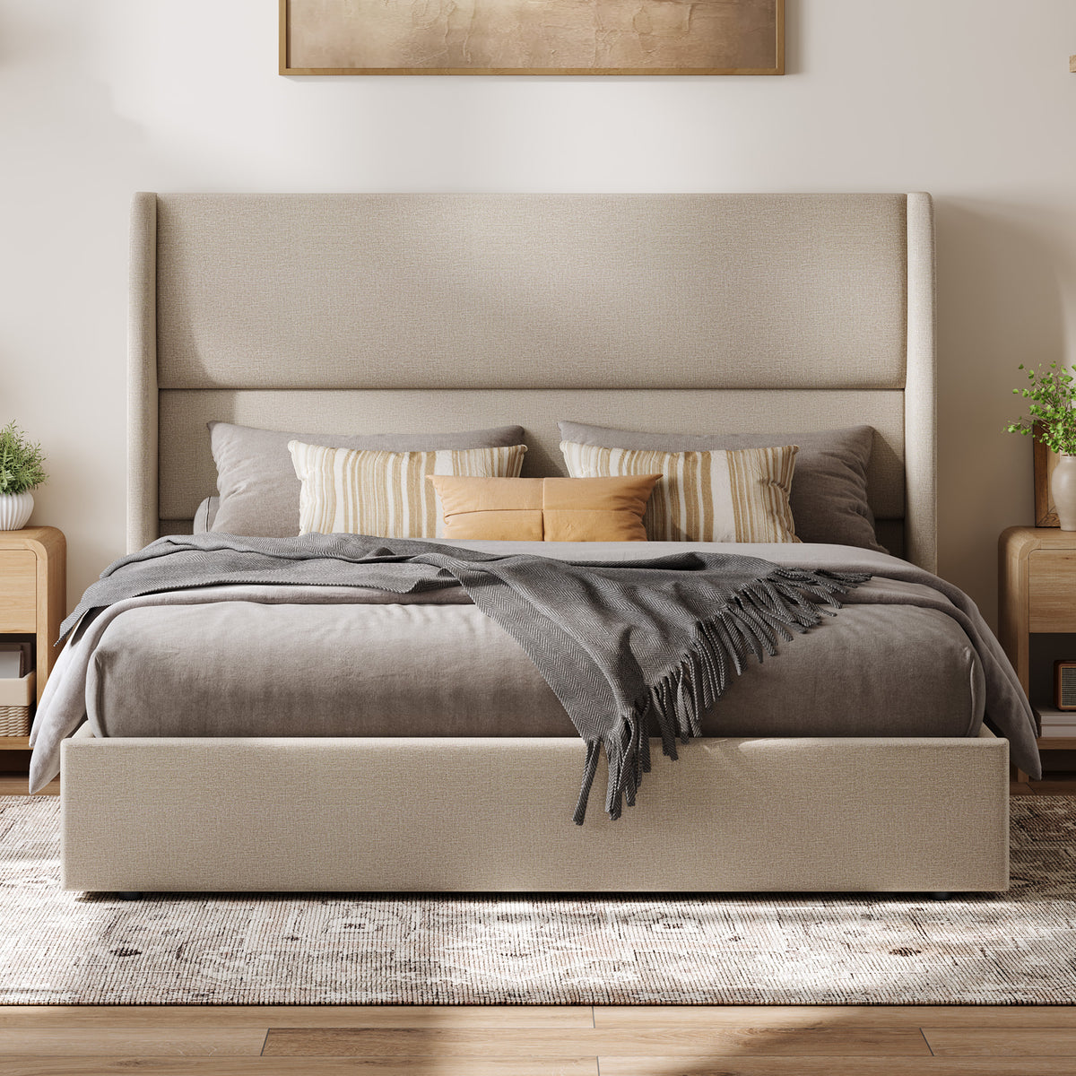 Haven Upholstered Hydraulic Storage Bed Frame-Queen-Khaki