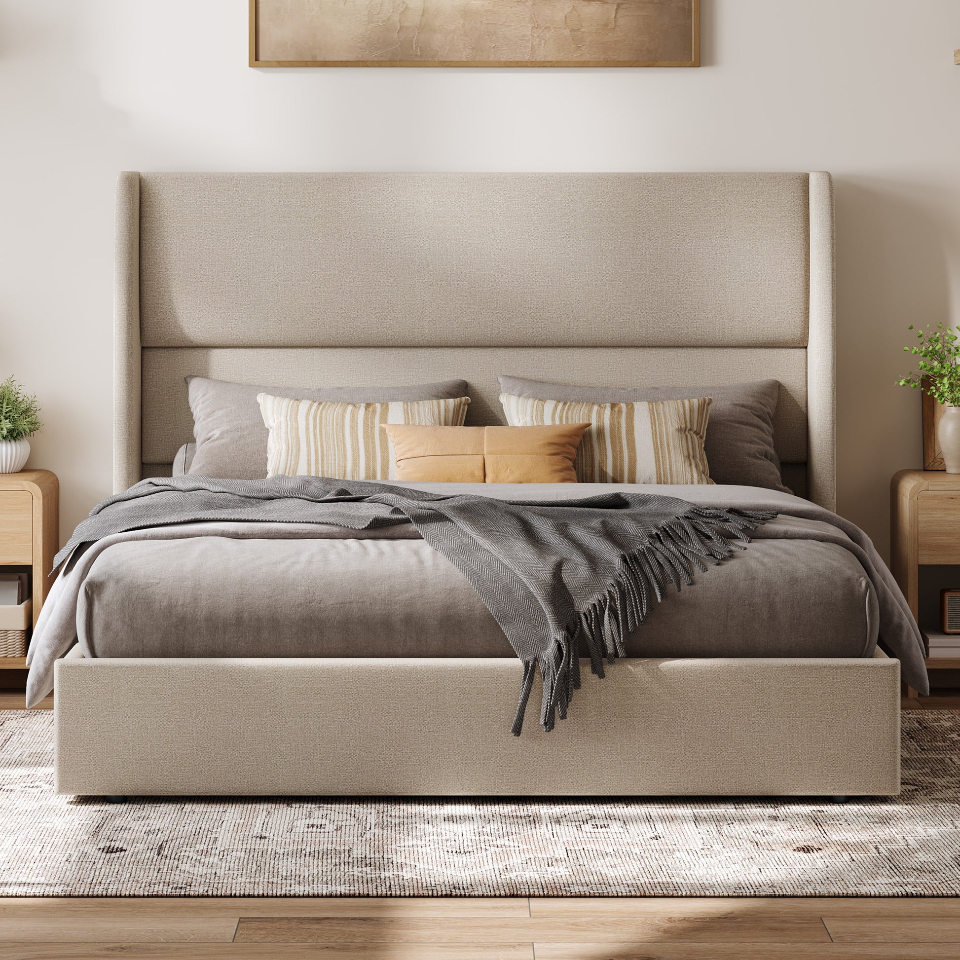 Haven Upholstered Hydraulic Storage Bed Frame-Queen-Khaki