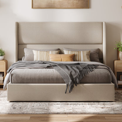 Haven Upholstered Hydraulic Storage Bed Frame-Queen-Khaki
